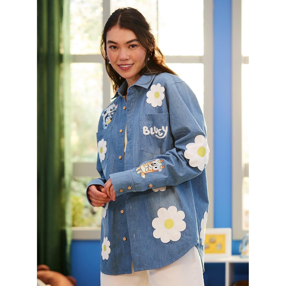 NWT Bluey X BoxLunch Denim Button Down Shirt Blue Daisy Floral Character XL